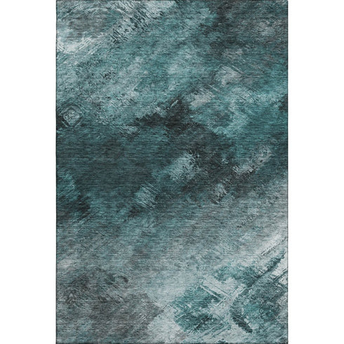 5' X 8' Teal Ivory And Gray Abstract Washable Area Rug With UV Protection