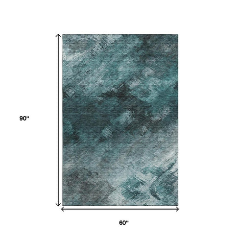 5' X 8' Teal Ivory And Gray Abstract Washable Area Rug With UV Protection