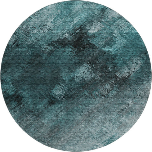 8' Teal Ivory And Gray Abstract Washable Round Rug With UV Protection