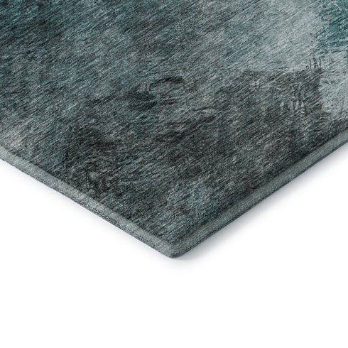8' Teal Ivory And Gray Abstract Washable Round Rug With UV Protection
