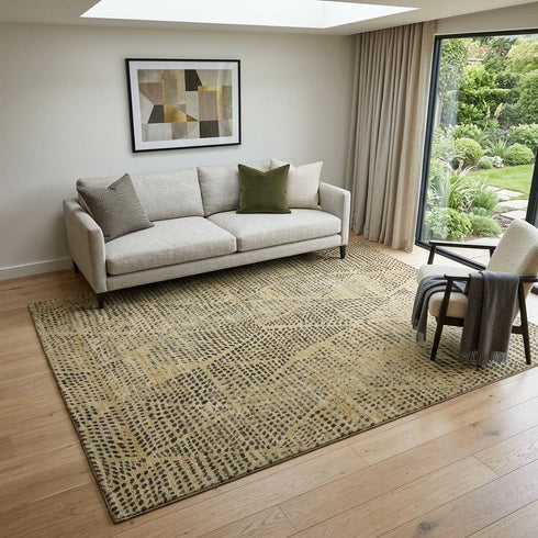9' X 12' Gold And Charcoal Diamond Washable Area Rug With UV Protection
