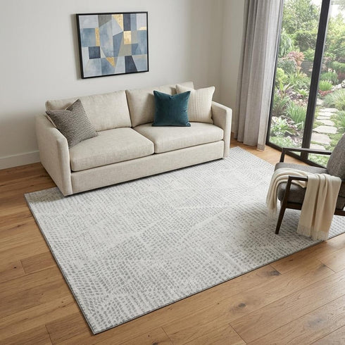9' X 12' Silver And Ivory Diamond Washable Area Rug With UV Protection