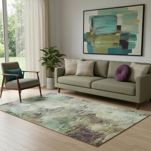 5' X 8' Beige Teal And Olive Green Abstract Washable Area Rug With UV Protection
