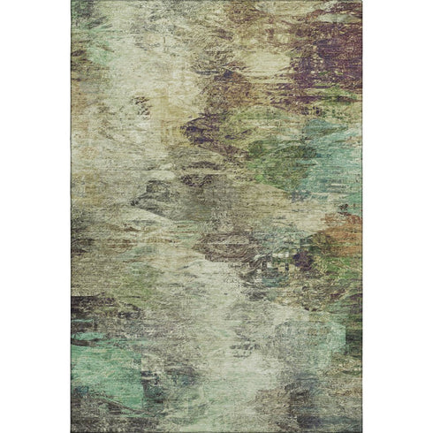 5' X 8' Beige Teal And Olive Green Abstract Washable Area Rug With UV Protection