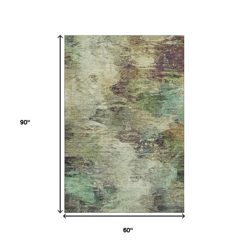 5' X 8' Beige Teal And Olive Green Abstract Washable Area Rug With UV Protection