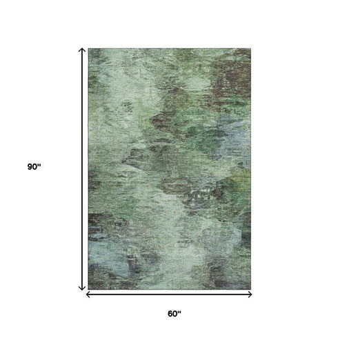5' X 8' Green Brown And Ivory Abstract Washable Area Rug With UV Protection