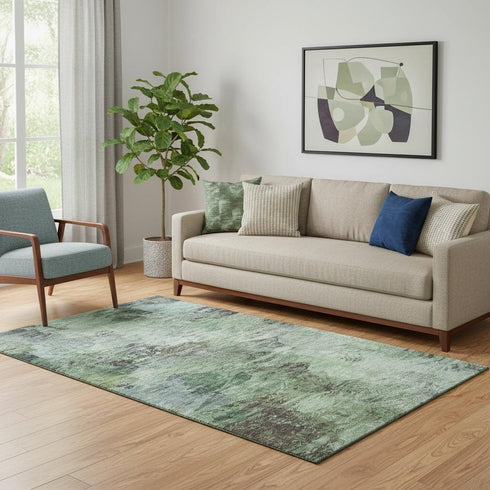 5' X 8' Green Brown And Ivory Abstract Washable Area Rug With UV Protection