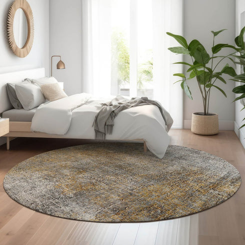 8' Gray And Copper Abstract Washable Round Rug With UV Protection