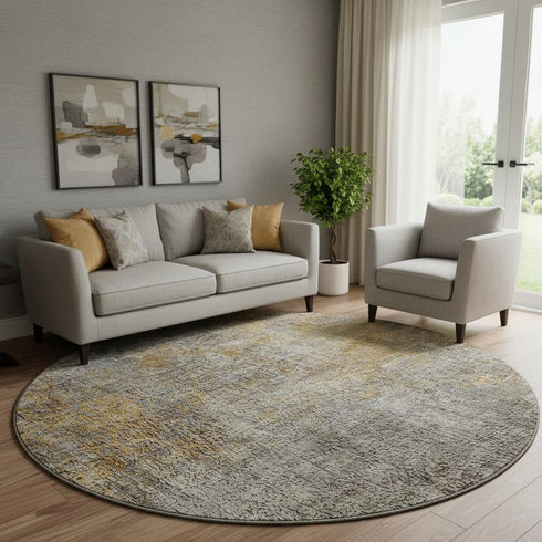 8' Gray And Copper Abstract Washable Round Rug With UV Protection