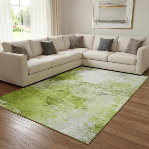 8' X 10' Artichoke Green And Ivory Abstract Washable Area Rug With UV Protection