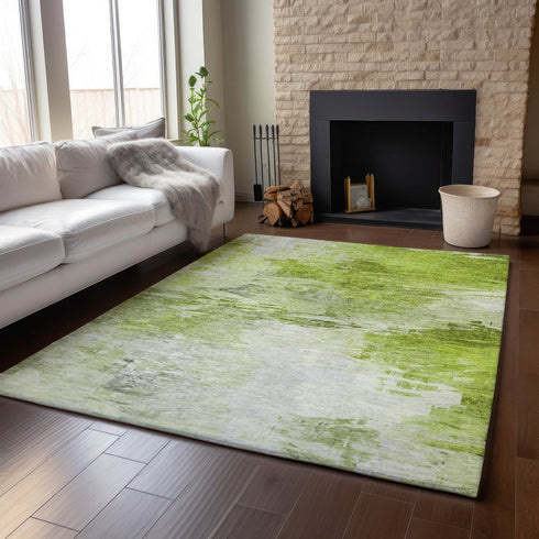 9' X 12' Artichoke Green And Ivory Abstract Washable Area Rug With UV Protection