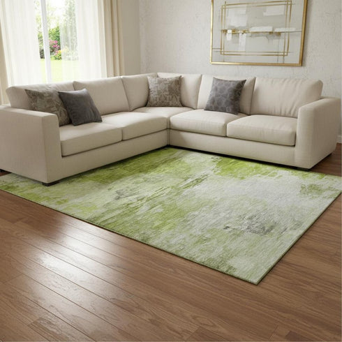 9' X 12' Artichoke Green And Ivory Abstract Washable Area Rug With UV Protection