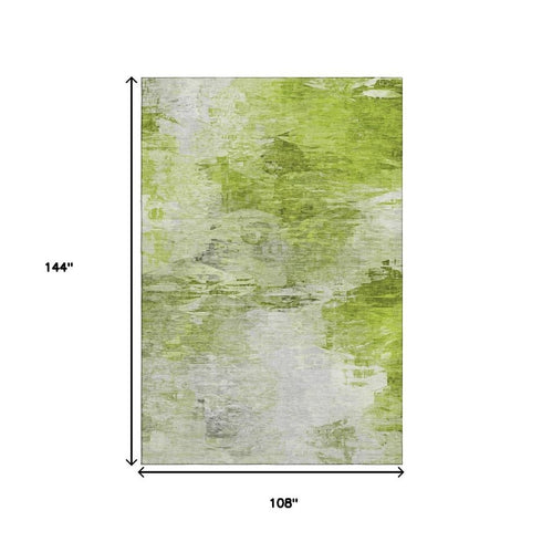 9' X 12' Artichoke Green And Ivory Abstract Washable Area Rug With UV Protection