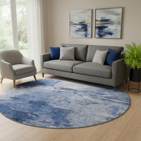 8' Blue And Ivory Abstract Washable Round Rug With UV Protection
