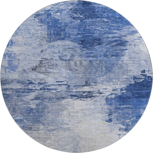 8' Blue And Ivory Abstract Washable Round Rug With UV Protection