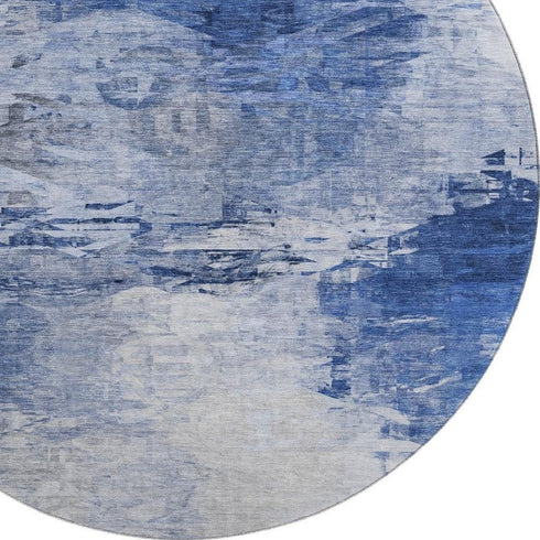 8' Blue And Ivory Abstract Washable Round Rug With UV Protection