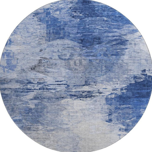 8' Blue And Ivory Abstract Washable Round Rug With UV Protection
