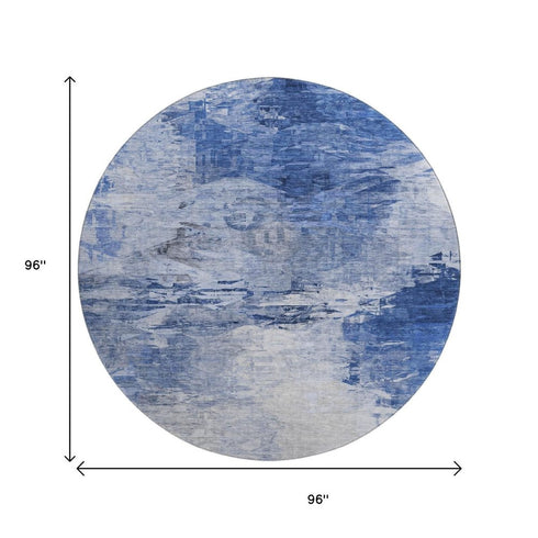 8' Blue And Ivory Abstract Washable Round Rug With UV Protection