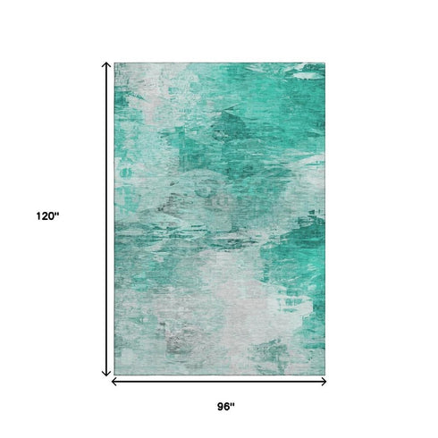 8' X 10' Teal And Ivory Abstract Washable Area Rug With UV Protection