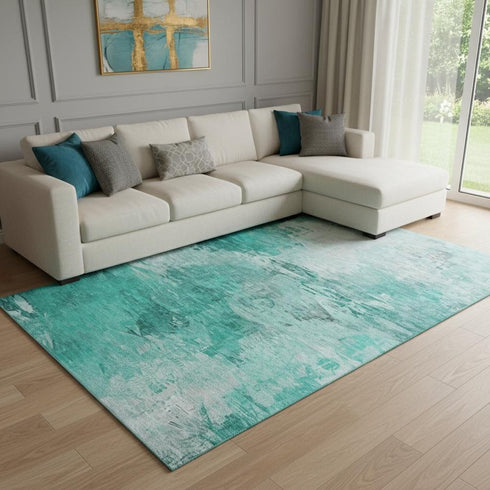 8' X 10' Teal And Ivory Abstract Washable Area Rug With UV Protection