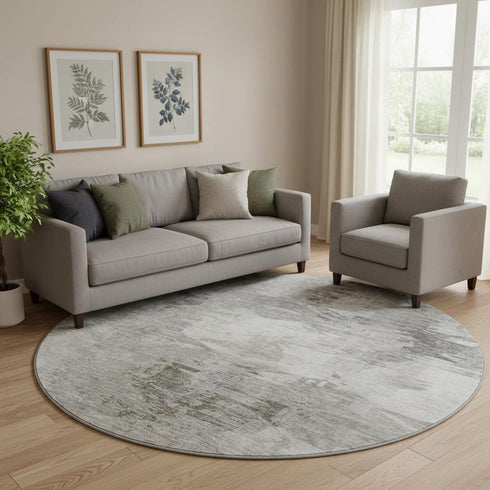 8' Beige And Ivory Abstract Washable Round Rug With UV Protection