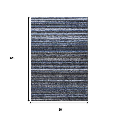 5' X 8' Blue And Gray Striped Washable Area Rug With UV Protection