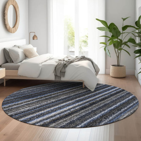 8' Blue And Gray Striped Washable Round Rug With UV Protection