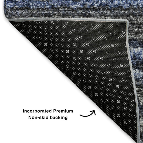 8' Blue And Gray Striped Washable Round Rug With UV Protection