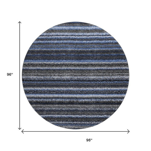 8' Blue And Gray Striped Washable Round Rug With UV Protection