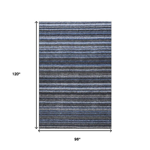 8' X 10' Blue And Gray Striped Washable Area Rug With UV Protection