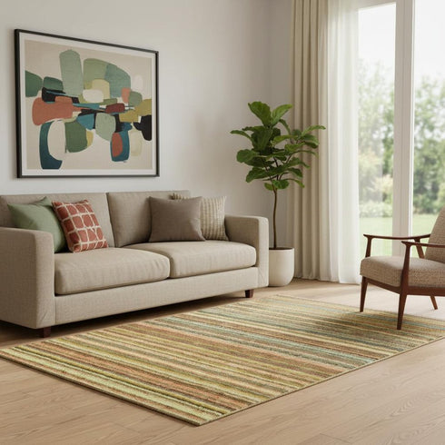 5' X 8' Coral Green And Blue Striped Washable Area Rug With UV Protection
