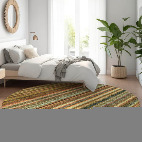 8' Coral Green And Blue Striped Washable Round Rug With UV Protection