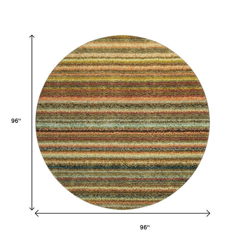 8' Coral Green And Blue Striped Washable Round Rug With UV Protection