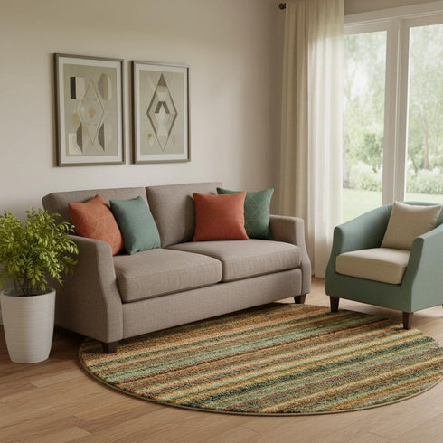 8' Coral Green And Blue Striped Washable Round Rug With UV Protection