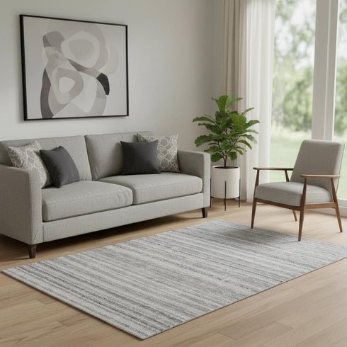 5' X 8' Gray And Silver Striped Washable Area Rug With UV Protection