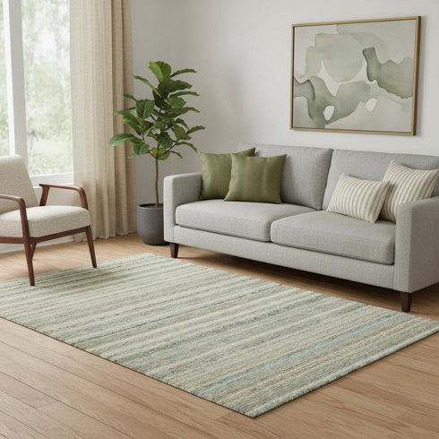 5' X 8' Sage And Ivory Striped Washable Area Rug With UV Protection