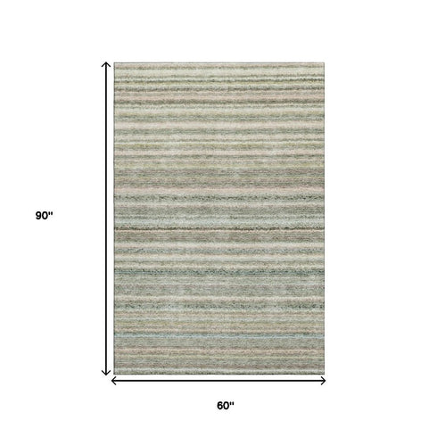 5' X 8' Sage And Ivory Striped Washable Area Rug With UV Protection
