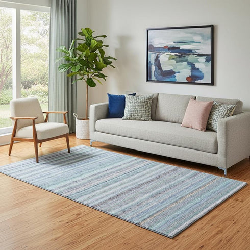 5' X 8' Sky Blue And Gray Striped Washable Area Rug With UV Protection