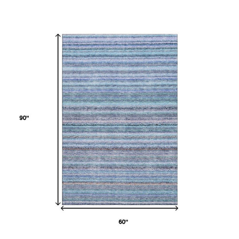 5' X 8' Sky Blue And Gray Striped Washable Area Rug With UV Protection
