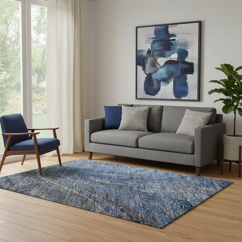 5' X 8' Blue Gray And Ivory Abstract Washable Area Rug With UV Protection