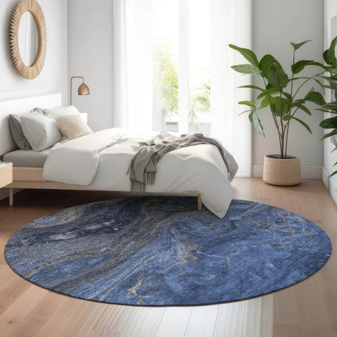 8' Blue Gray And Ivory Abstract Washable Round Rug With UV Protection