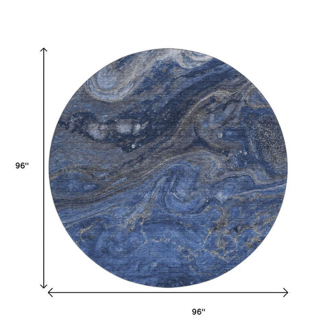 8' Blue Gray And Ivory Abstract Washable Round Rug With UV Protection