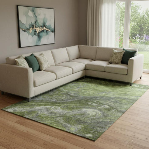 8' X 10' Green Gray And Ivory Abstract Washable Area Rug With UV Protection