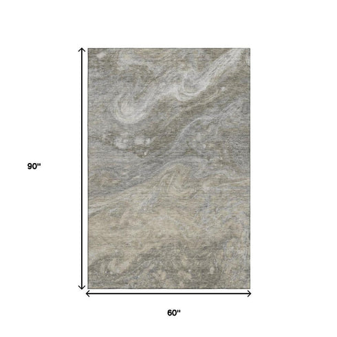 5' X 8' Taupe Gray And Ivory Abstract Washable Area Rug With UV Protection