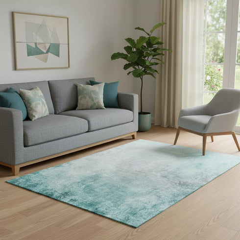5' X 8' Teal And Ivory Abstract Washable Area Rug With UV Protection