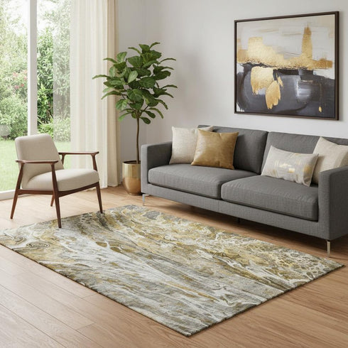 5' X 8' Brown Gray And Ivory Abstract Washable Area Rug With UV Protection