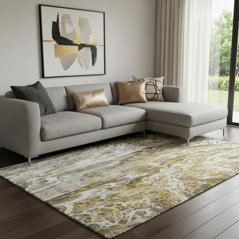 8' X 10' Brown Gray And Ivory Abstract Washable Area Rug With UV Protection