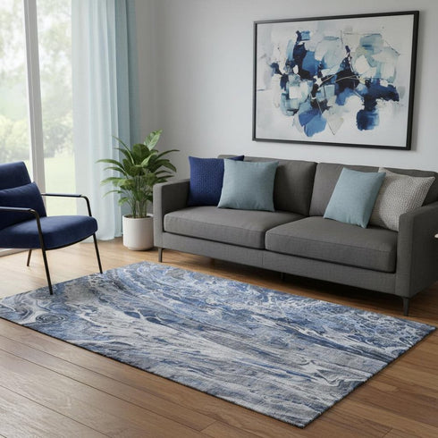 5' X 8' Blue Gray And Ivory Abstract Washable Area Rug With UV Protection