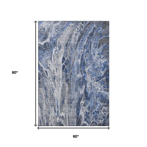5' X 8' Blue Gray And Ivory Abstract Washable Area Rug With UV Protection