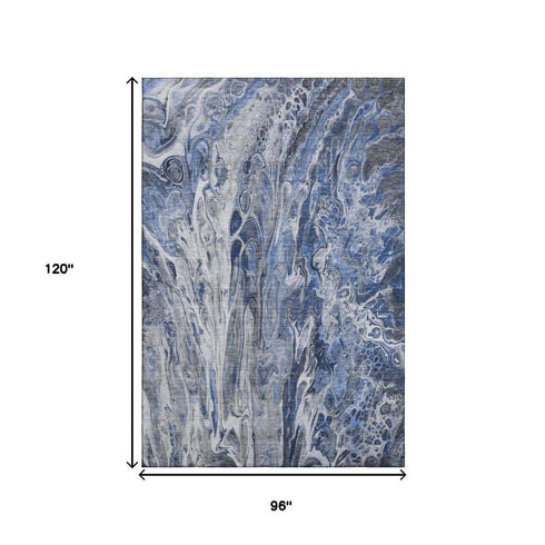 8' X 10' Blue Gray And Ivory Abstract Washable Area Rug With UV Protection